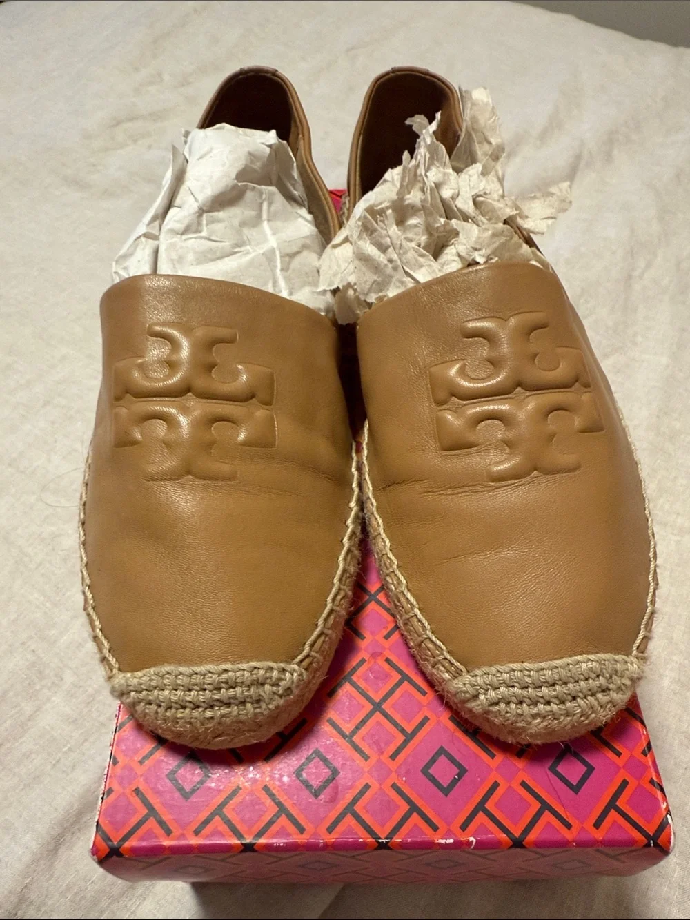 Tory Burch Caramel Leather Espadrille Slip-Ons